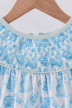 Load image into Gallery viewer, Blue snowman christmas tree smocked dress
