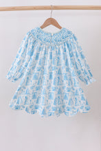 Load image into Gallery viewer, Blue snowman christmas tree smocked dress

