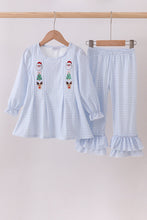 Load image into Gallery viewer, Blue santa claus embroidery ruffle pants set
