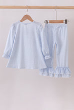 Load image into Gallery viewer, Blue santa claus embroidery ruffle pants set

