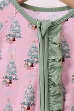 Load image into Gallery viewer, Pink christmas tree bamboo ruffle zipper romper
