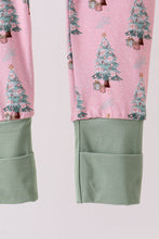 Load image into Gallery viewer, Pink christmas tree bamboo ruffle zipper romper
