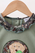 Load image into Gallery viewer, Camouflage dog hunting applique ruffle romper
