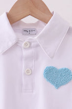 Load image into Gallery viewer, Blue heart french knot button down top
