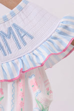 Load image into Gallery viewer, Blue floral I love MAMA smocked ruffle bubble
