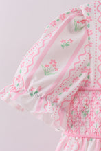Load image into Gallery viewer, Pink floral bow smocked ruffle pants set

