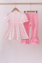 Load image into Gallery viewer, Pink floral bow smocked ruffle pants set
