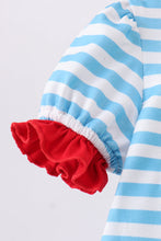 Load image into Gallery viewer, Blue character embroidery stripe ruffle romper
