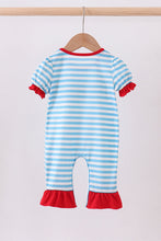 Load image into Gallery viewer, Blue character embroidery stripe ruffle romper
