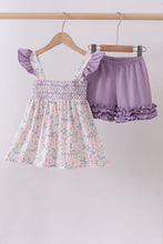 Load image into Gallery viewer, Purple floral smocked ruffle shorts set
