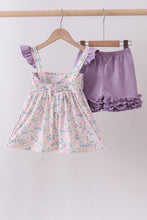 Load image into Gallery viewer, Purple floral smocked ruffle shorts set
