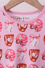 Load image into Gallery viewer, Pink bow baseball bamboo pajama set
