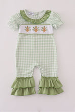 Load image into Gallery viewer, Sage turkey embroidery gingham ruffle romper

