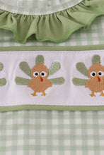 Load image into Gallery viewer, Sage turkey embroidery gingham ruffle romper
