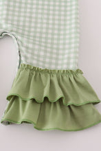 Load image into Gallery viewer, Sage turkey embroidery gingham ruffle romper

