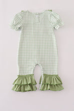 Load image into Gallery viewer, Sage turkey embroidery gingham ruffle romper
