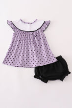Load image into Gallery viewer, Purple Halloween dot witch embroidery bloomer set
