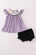 Load image into Gallery viewer, Purple Halloween dot witch embroidery bloomer set
