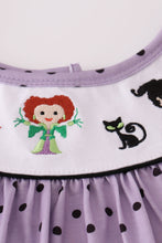 Load image into Gallery viewer, Purple Halloween dot witch embroidery bloomer set
