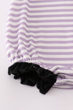 Load image into Gallery viewer, Purple Halloween spider embroidery stripe ruffle bubble
