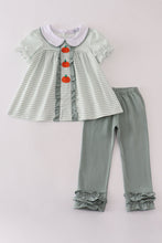 Load image into Gallery viewer, Sage stripe french knot ruffle pants set
