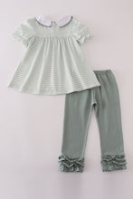 Load image into Gallery viewer, Sage stripe french knot ruffle pants set
