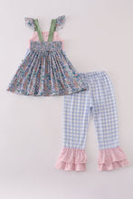 Load image into Gallery viewer, Blue floral pumpkin embroidery ruffle pants set
