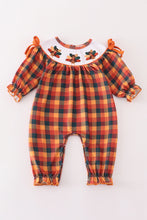 Load image into Gallery viewer, Orange turkey embroidery smocked plaid girl romper
