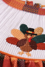 Load image into Gallery viewer, Orange turkey embroidery smocked plaid girl romper

