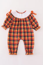 Load image into Gallery viewer, Orange turkey embroidery smocked plaid girl romper
