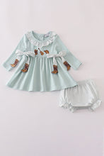 Load image into Gallery viewer, Blue boots embroidery ruffle bloomer set
