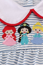 Load image into Gallery viewer, Blue princess embroidery stripe ruffle bubble
