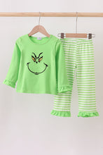 Load image into Gallery viewer, Green grinch embroidery ruffle pajamas set
