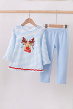 Load image into Gallery viewer, Blue stripe reindeer applique ruffle pants set
