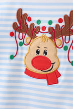 Load image into Gallery viewer, Blue stripe reindeer applique ruffle pants set
