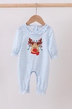 Load image into Gallery viewer, Blue stripe reindeer applique ruffle romper

