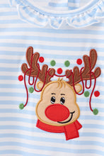 Load image into Gallery viewer, Blue stripe reindeer applique ruffle romper
