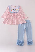 Load image into Gallery viewer, Pink princess castle embroidery gingham ruffle pants set
