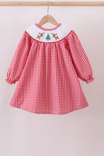 Load image into Gallery viewer, Red woven christmas tree reindeer smocked dress
