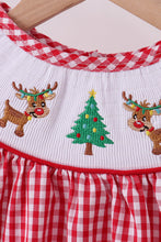 Load image into Gallery viewer, Red woven christmas tree reindeer smocked dress
