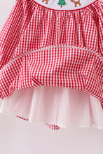 Load image into Gallery viewer, Red woven christmas tree reindeer smocked dress
