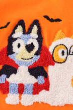 Load image into Gallery viewer, Orange halloween bluey french knot ruffle pants set

