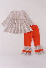 Load image into Gallery viewer, Orange turkey embroidery plaid ruffle pants set
