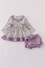 Load image into Gallery viewer, Purple floral print ruffle bloomer set
