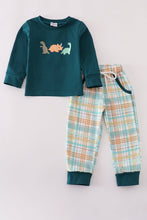 Load image into Gallery viewer, Blue dinosaur embroidery plaid pants set
