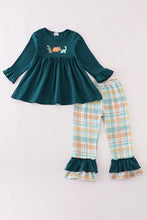 Load image into Gallery viewer, Blue dinosaur embroidery plaid ruffle pants set
