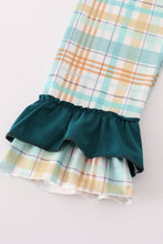 Load image into Gallery viewer, Blue dinosaur embroidery plaid ruffle pants set
