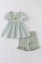 Load image into Gallery viewer, Sage easter he is risen cross embroidery girl set
