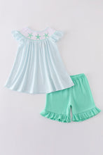 Load image into Gallery viewer, Blue stripe starfish embroidery smocked girl set
