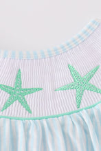 Load image into Gallery viewer, Blue stripe starfish embroidery smocked girl set
